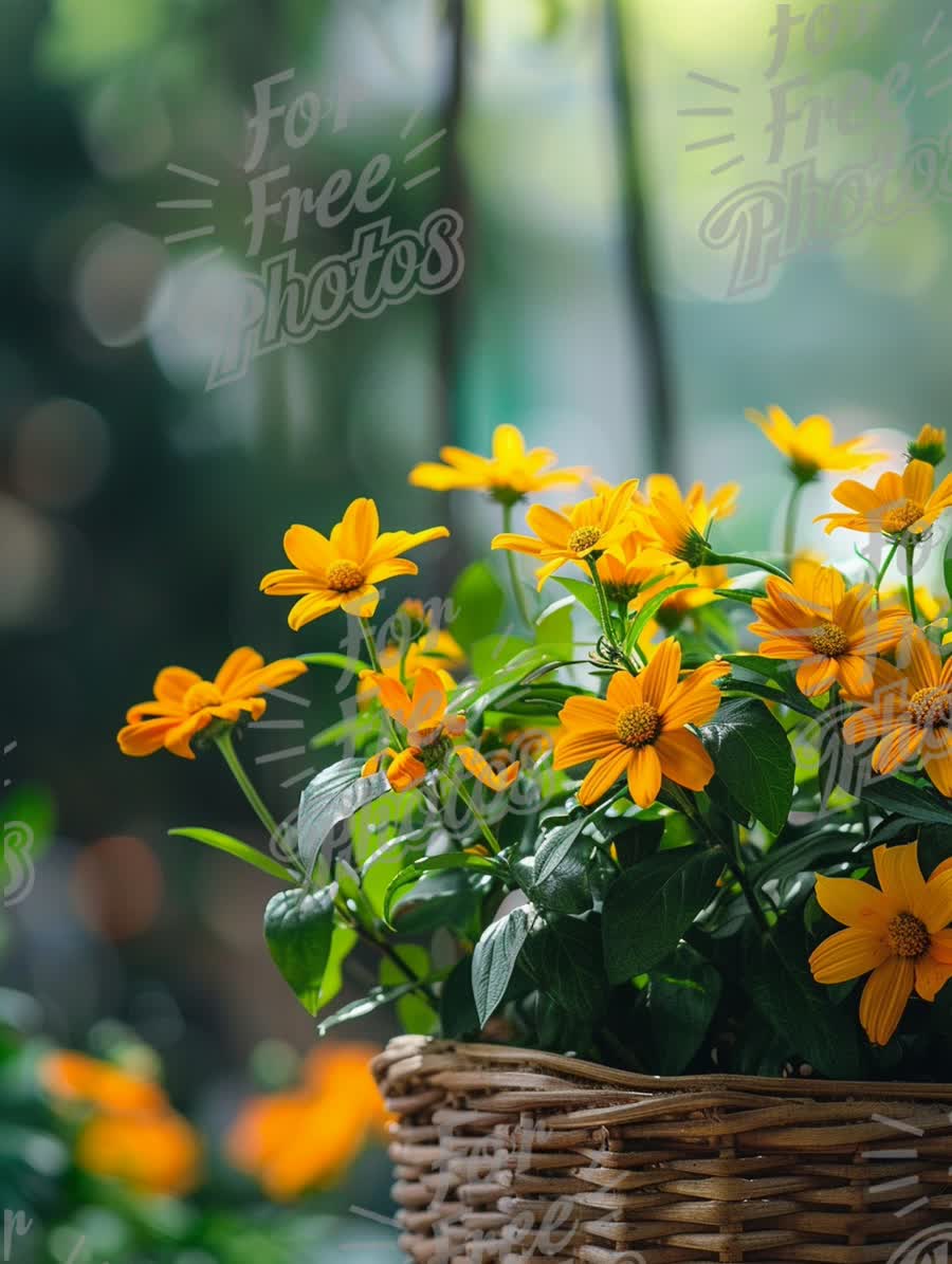 Vibrant Yellow Flowers in a Rustic Basket with Soft Bokeh Background