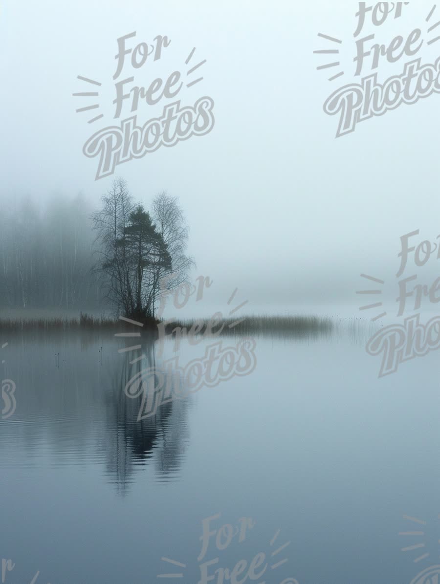 Serene Misty Lake Landscape with Reflections and Isolated Tree