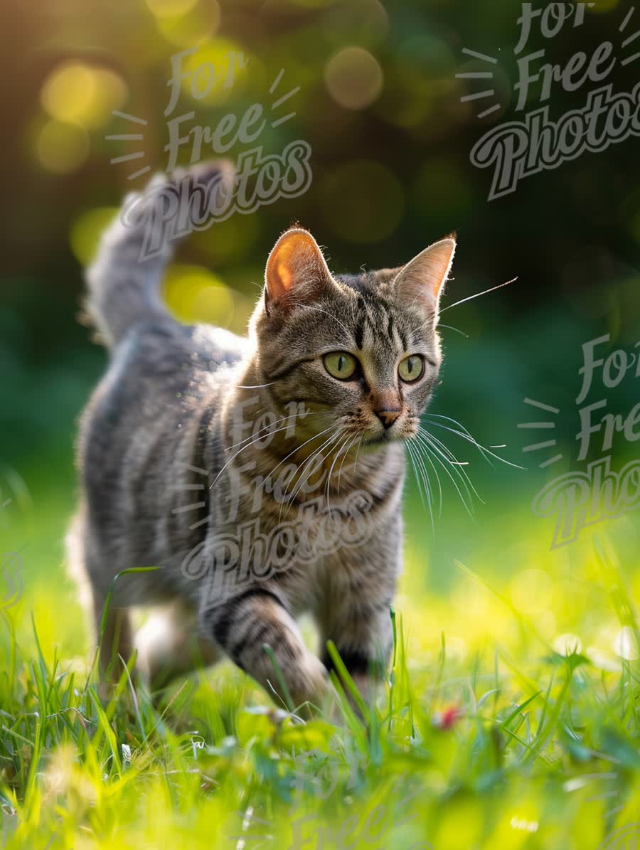 Playful Tabby Cat Exploring Lush Green Grass in Sunlight