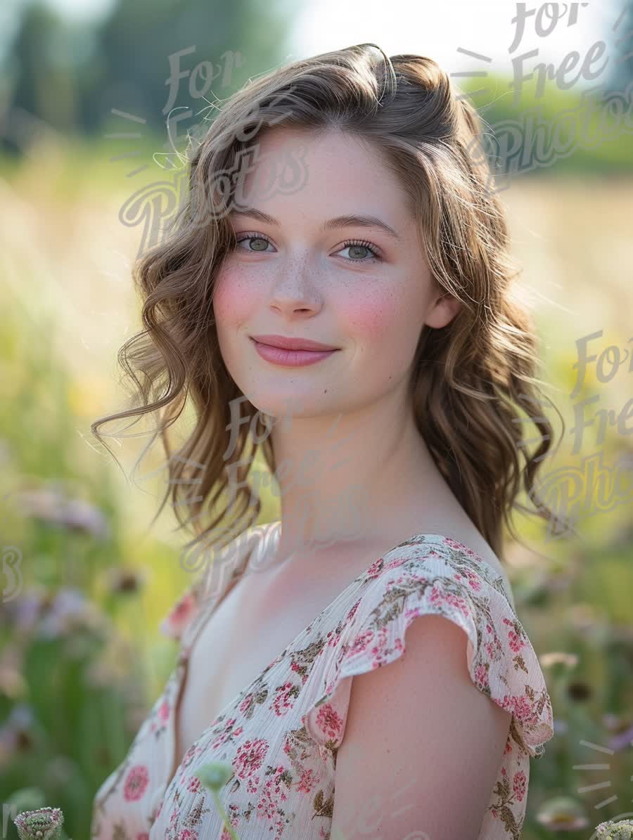 Natural Beauty in Bloom: Young Woman in Floral Dress Surrounded by Wildflowers