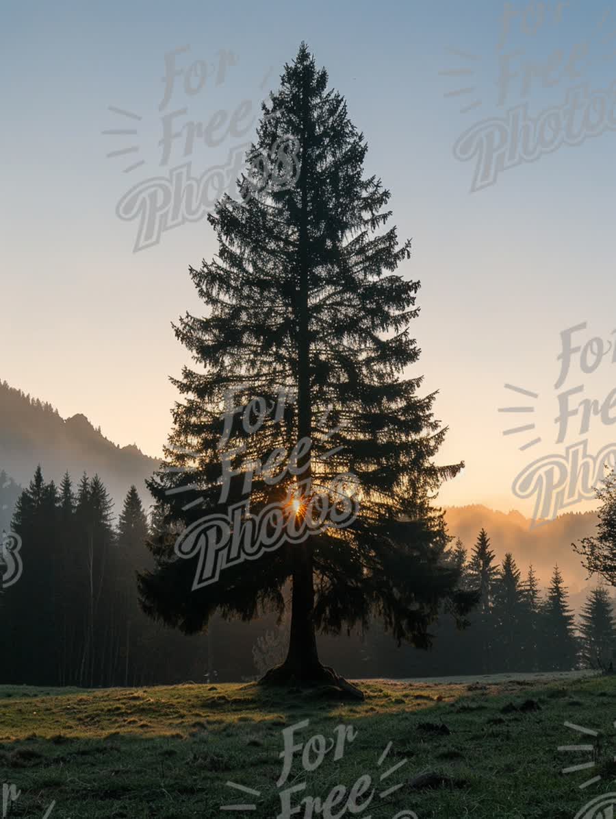 Majestic Evergreen Tree Silhouette at Sunrise in Serene Mountain Landscape