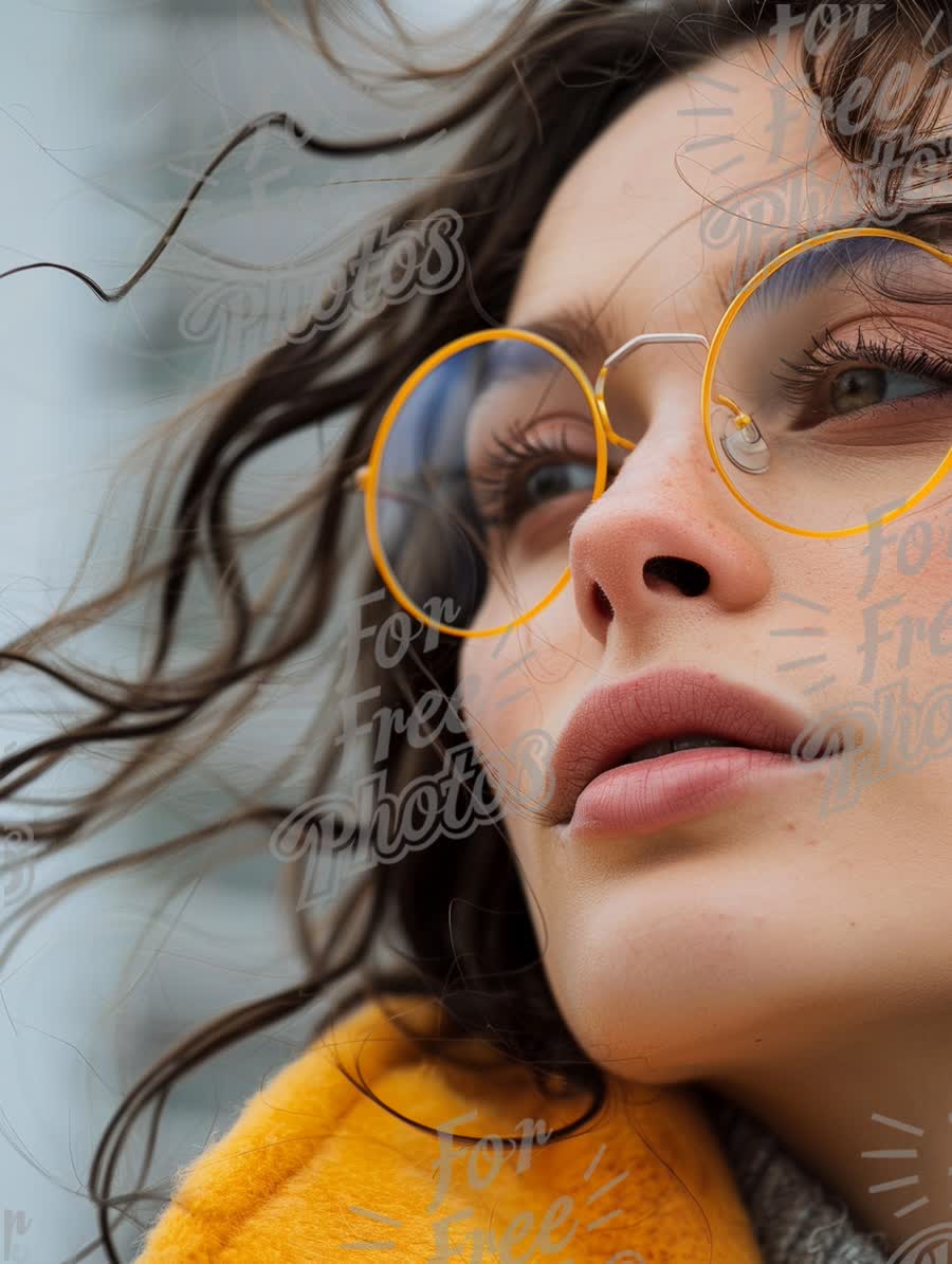 Trendy Fashion Portrait of a Young Woman with Stylish Glasses and Windblown Hair