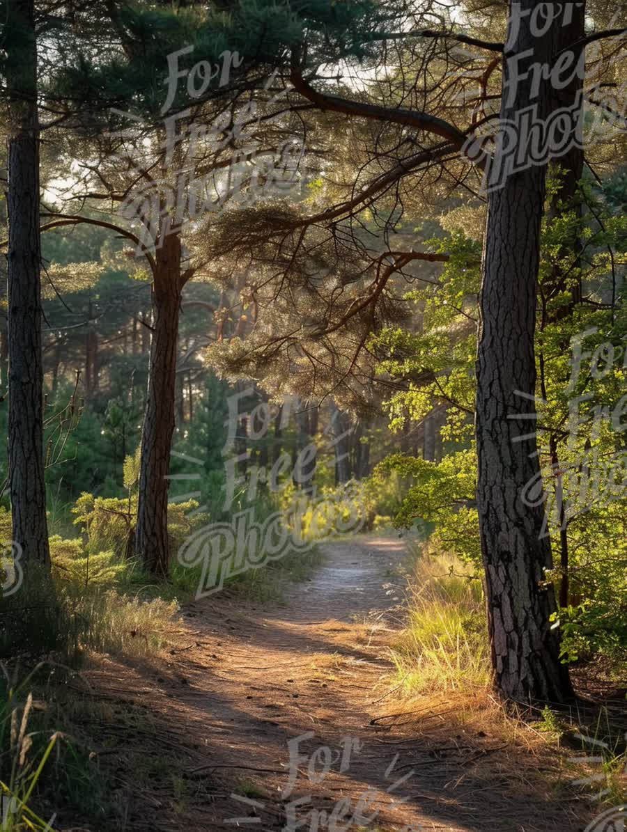 Serene Forest Pathway: Tranquil Nature Trail in Sunlit Pine Woods