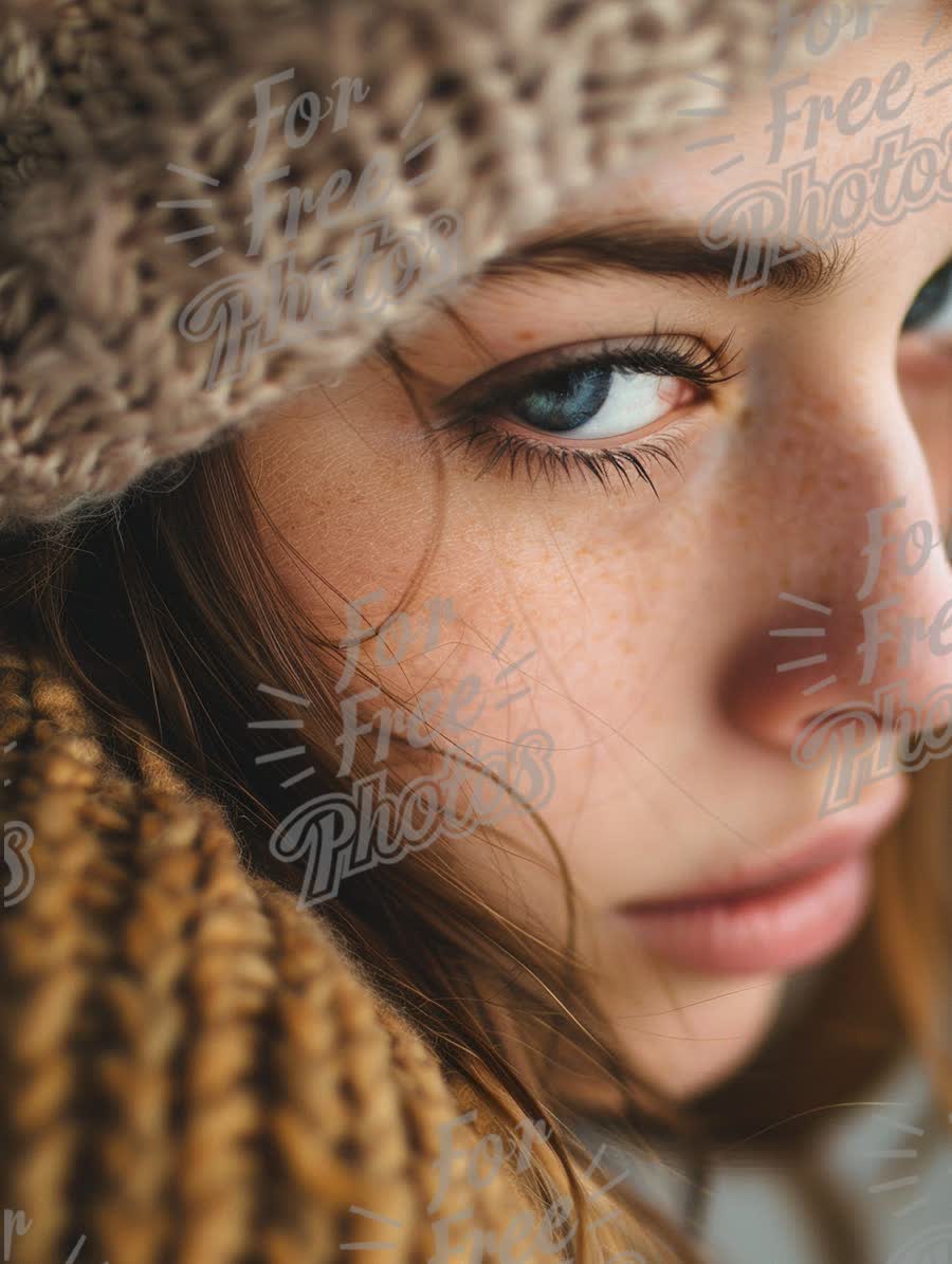 Close-Up Portrait of a Young Woman with Freckles and Knit Hat in Cozy Winter Setting