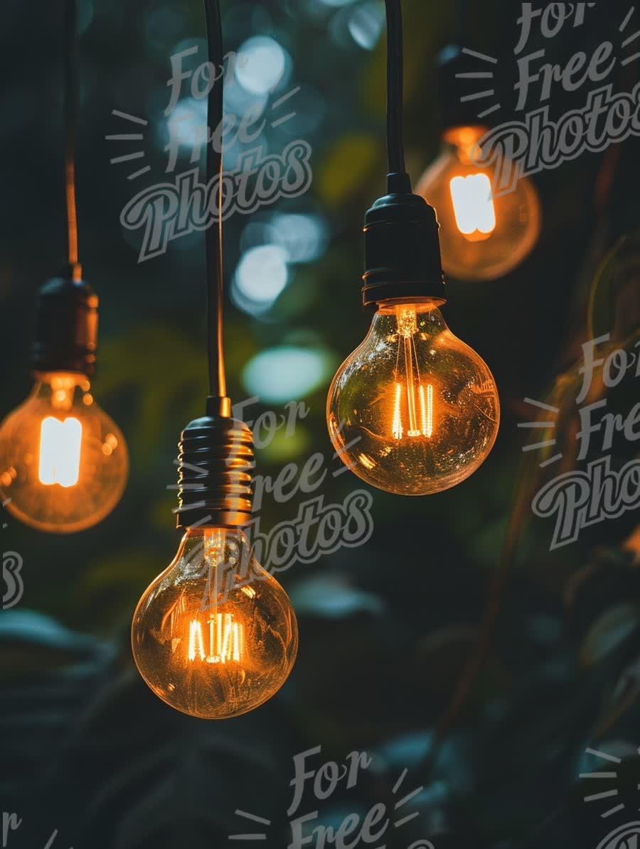 Warm Vintage Edison Bulbs Hanging in a Lush Greenery Setting