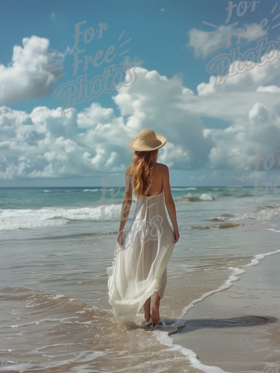 Serene Beach Walk: Woman in White Dress and Straw Hat by the Ocean